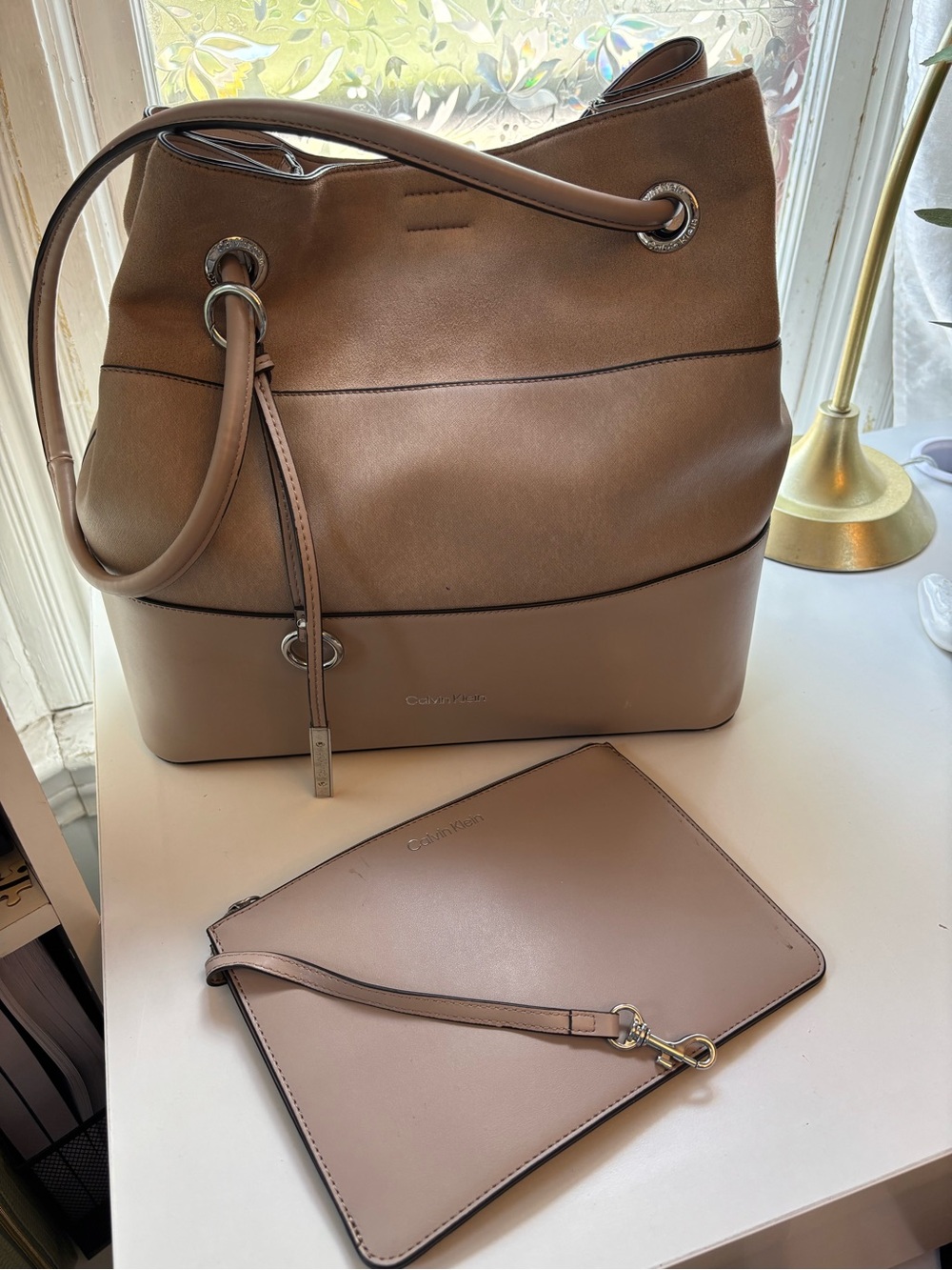 Calvin Klein Pebble-Taupe Leather Bucket Bag with Wrist Pouch